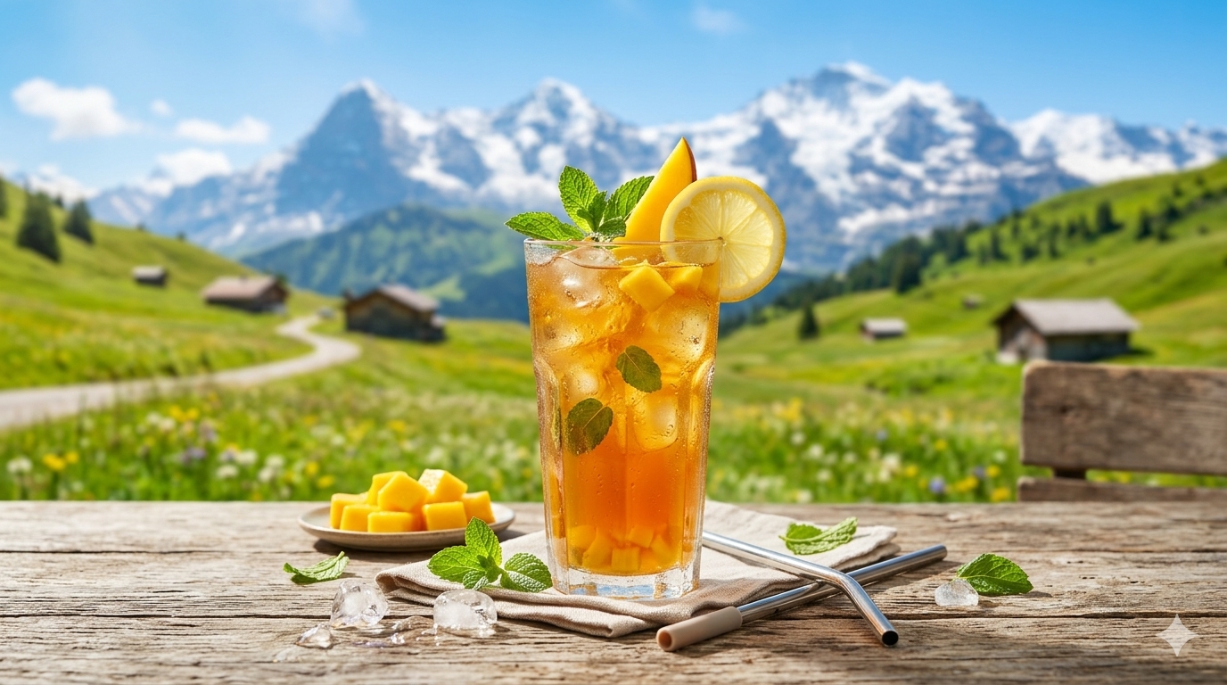 Glas mit selbstgemachtem Eistee aus Herbalife Instant-Kräutergetränk Mango, garniert mit frischen Minzblättern und Mangostücken auf einem Holztisch mit Schweizer Alpenpanorama im Hintergrund